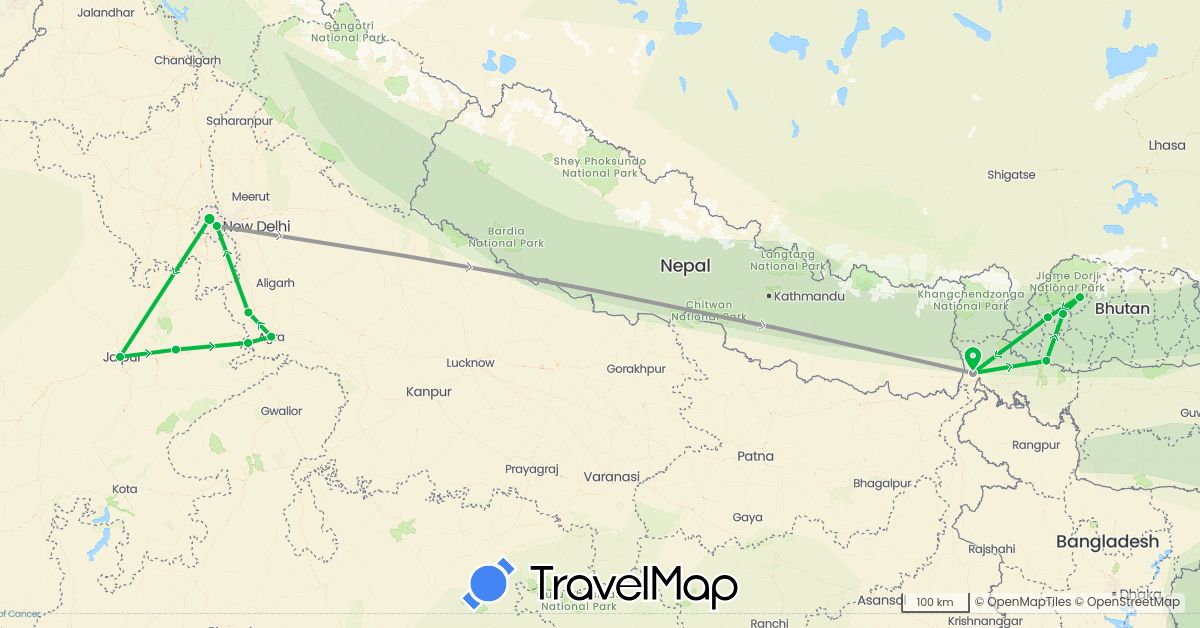 TravelMap itinerary: driving, bus, plane in Bhutan, India (Asia)