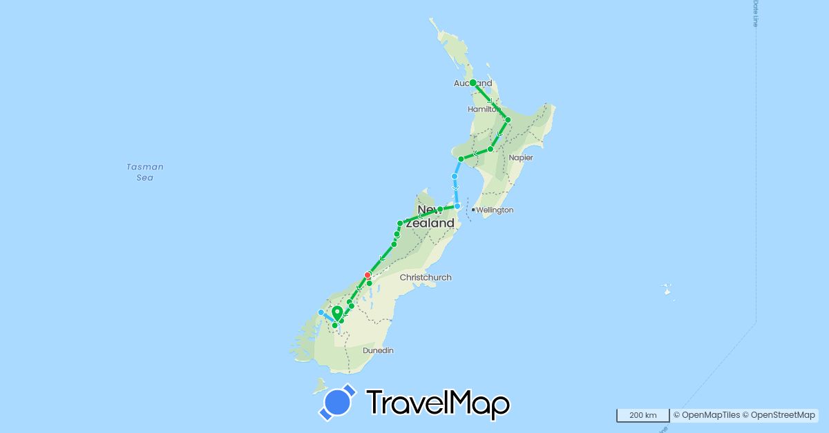 TravelMap itinerary: bus, hiking, boat in New Zealand (Oceania)