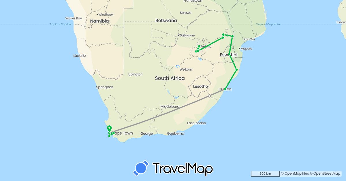 TravelMap itinerary: bus, plane in Swaziland, South Africa (Africa)