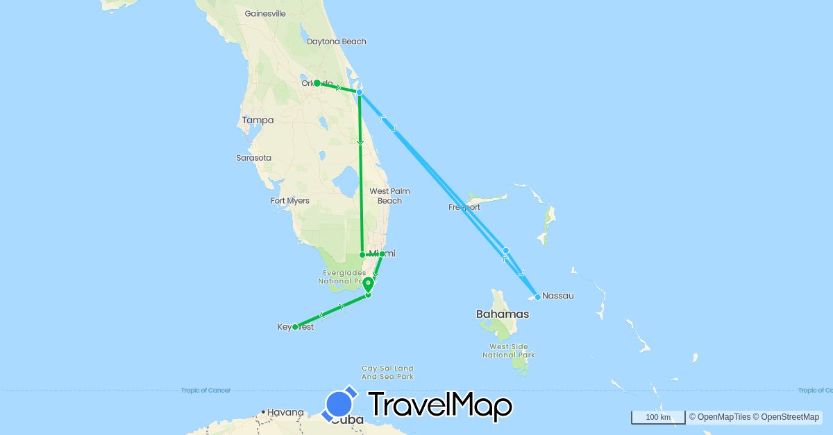 TravelMap itinerary: driving, bus, boat in Bahamas, United States (North America)