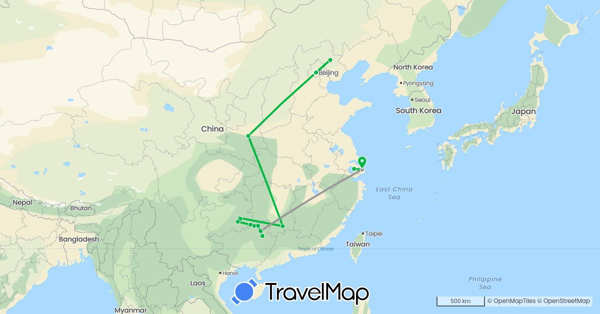 TravelMap itinerary: bus, plane in China (Asia)