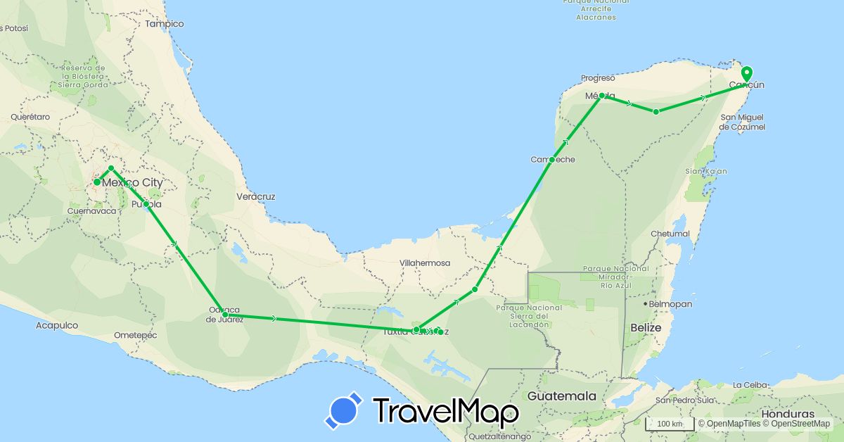 TravelMap itinerary: bus in Mexico (North America)
