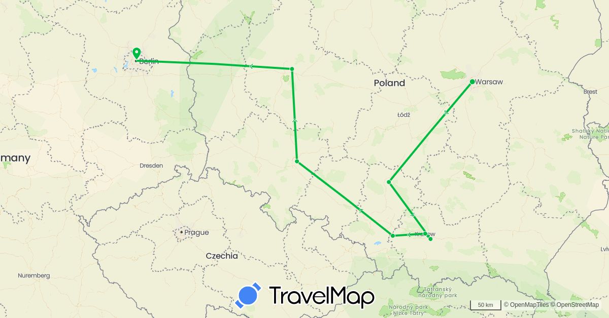 TravelMap itinerary: bus in Germany, Poland (Europe)