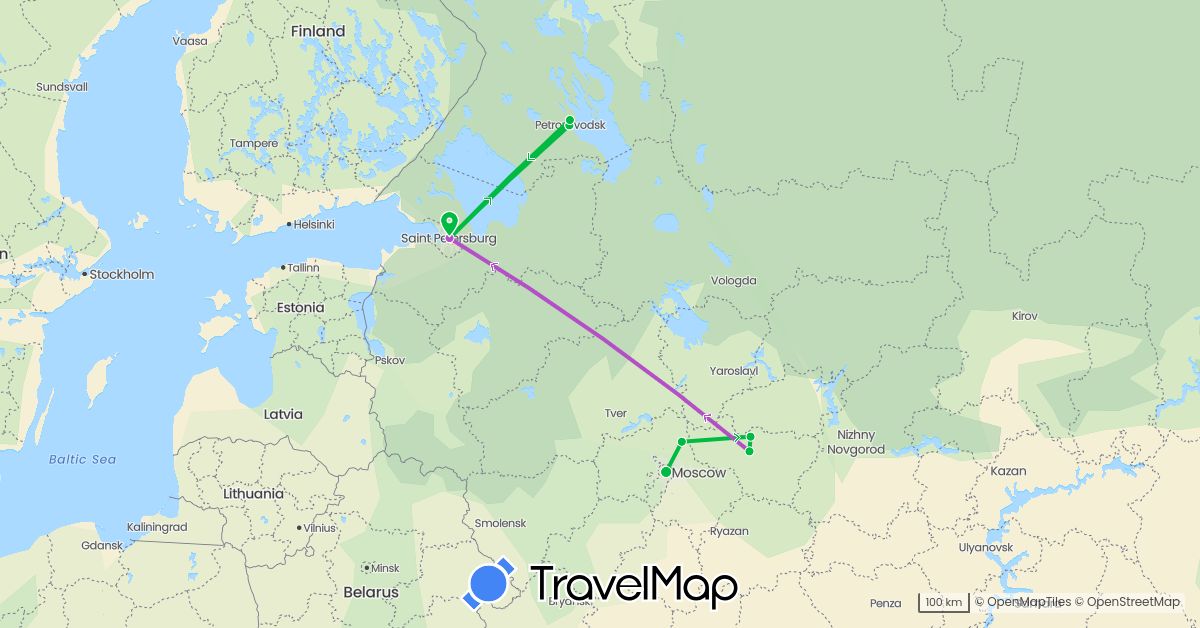 TravelMap itinerary: bus, train in Russia (Europe)