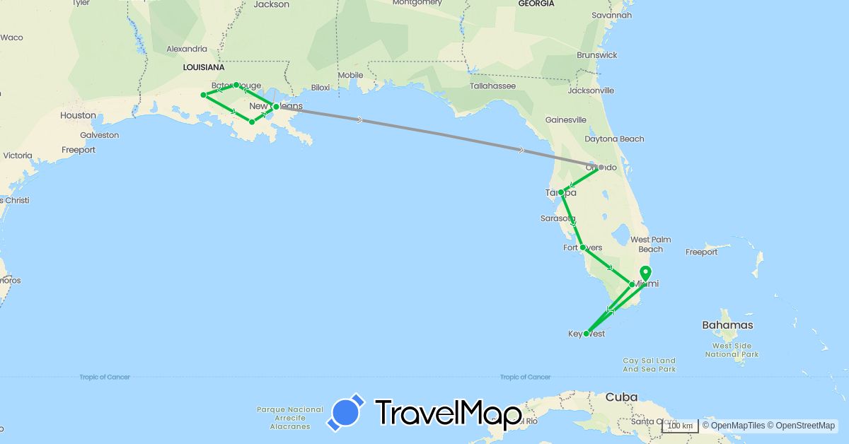 TravelMap itinerary: bus, plane in United States (North America)