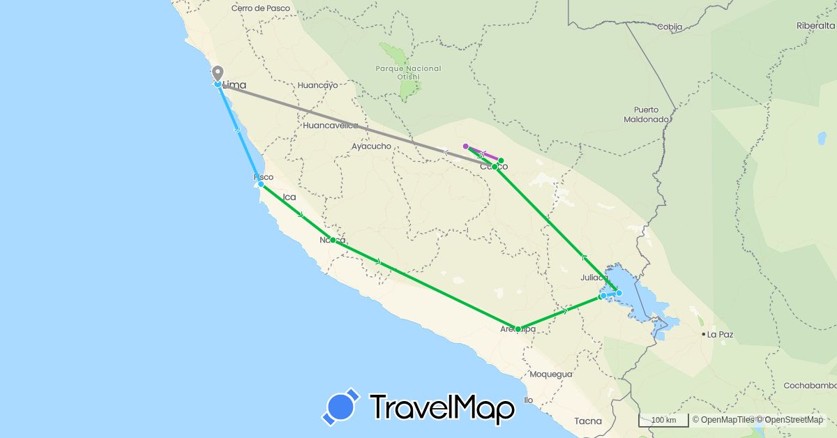 TravelMap itinerary: bus, plane, train, boat in Peru (South America)
