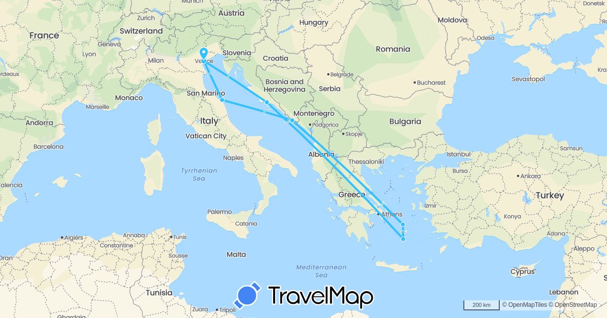 TravelMap itinerary: driving, boat in Greece, Croatia, Italy (Europe)