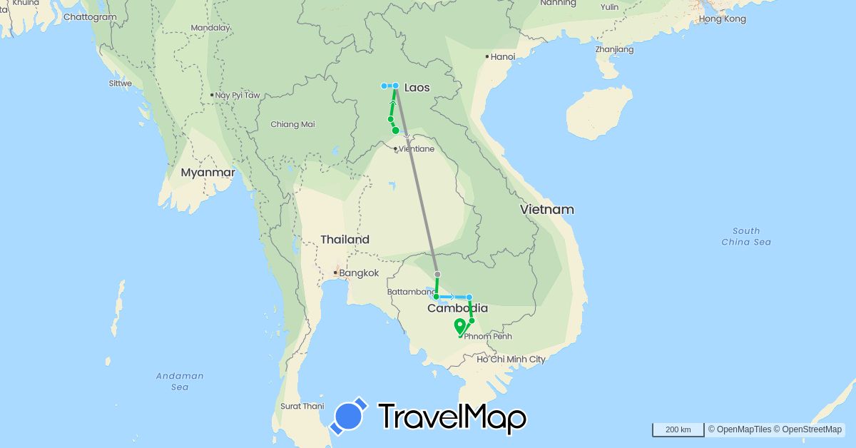 TravelMap itinerary: bus, plane, boat in Cambodia, Laos (Asia)