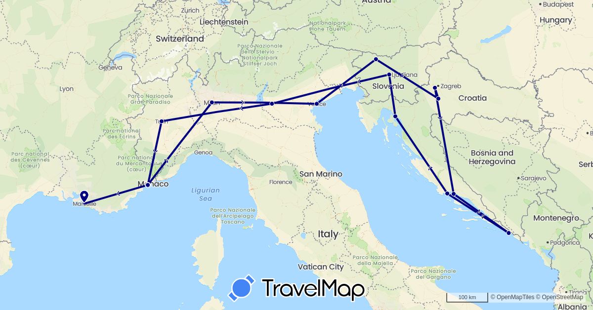 TravelMap itinerary: driving in France, Croatia, Italy, Slovenia (Europe)