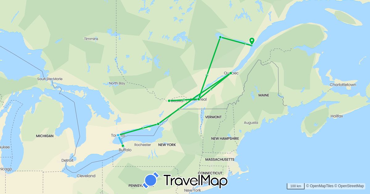 TravelMap itinerary: bus, boat in Canada, United States (North America)