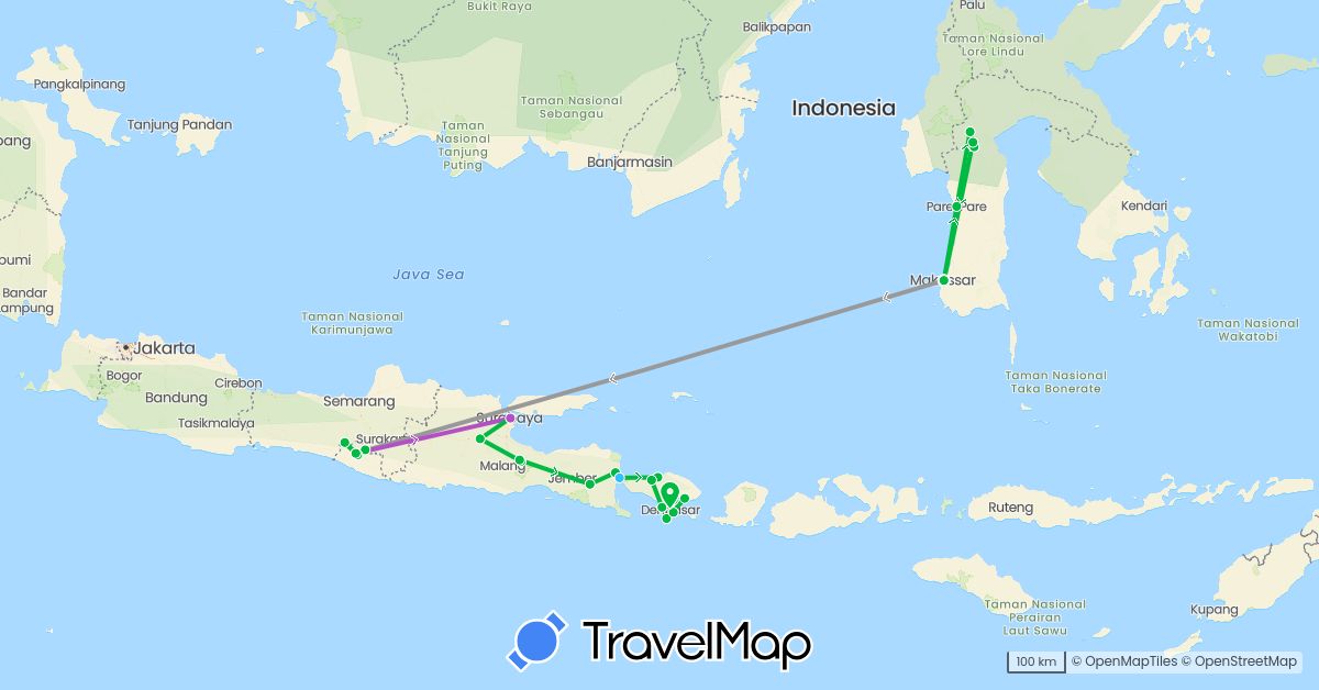 TravelMap itinerary: bus, plane, train, boat in Indonesia (Asia)