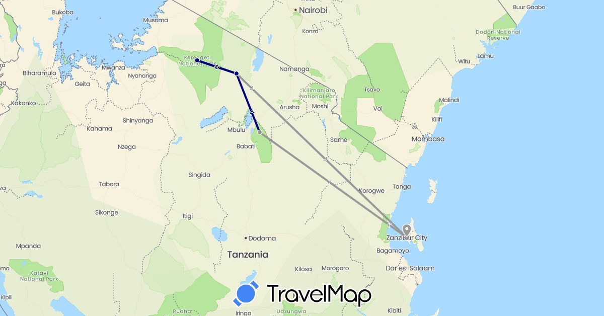 TravelMap itinerary: driving, plane in Tanzania (Africa)