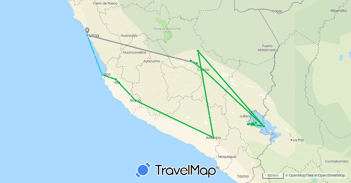 TravelMap itinerary: driving, bus, plane, boat in Peru (South America)