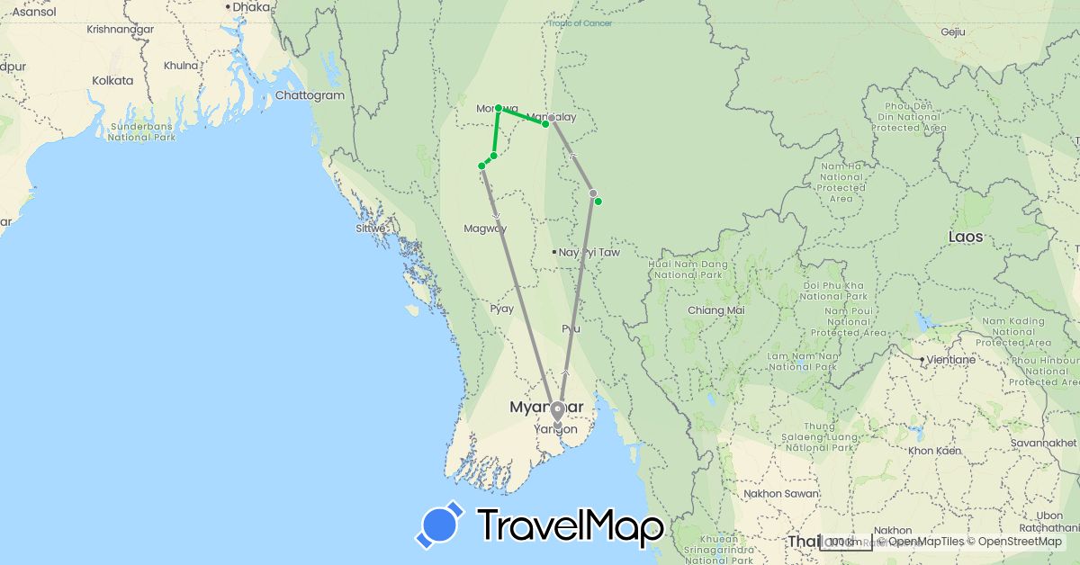 TravelMap itinerary: driving, bus, plane in Myanmar (Burma) (Asia)