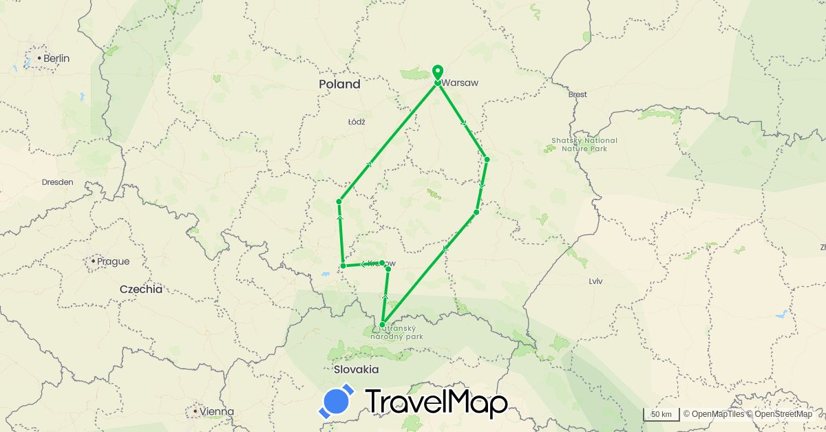 TravelMap itinerary: driving, bus in Poland (Europe)