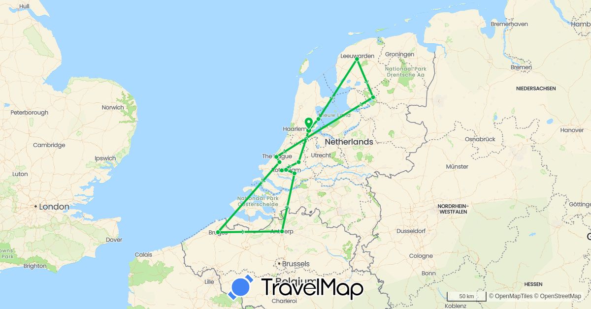 TravelMap itinerary: driving, bus in Belgium, Netherlands (Europe)