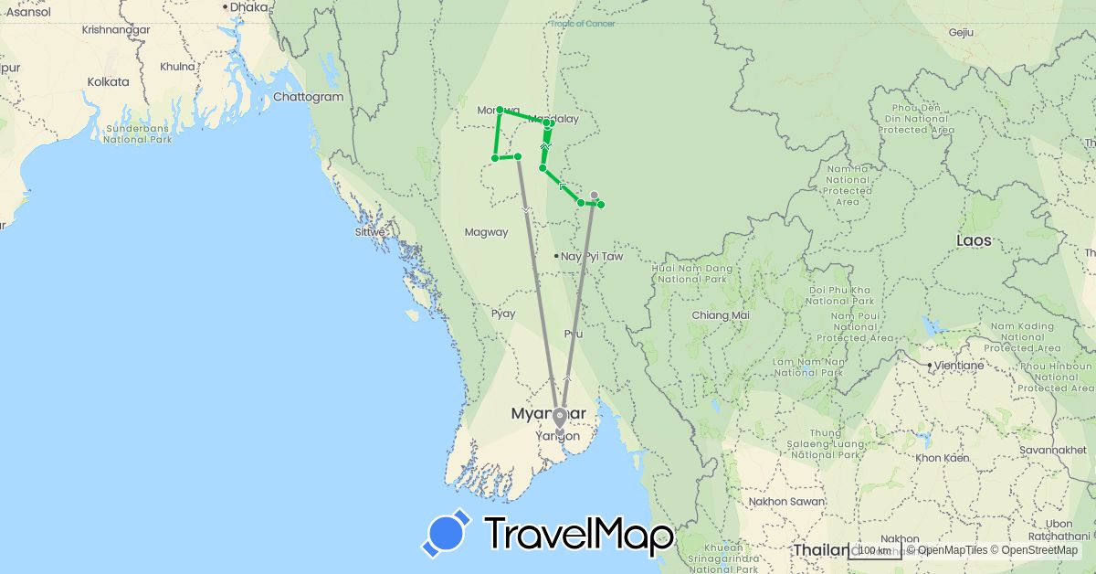 TravelMap itinerary: driving, bus, plane in Myanmar (Burma) (Asia)