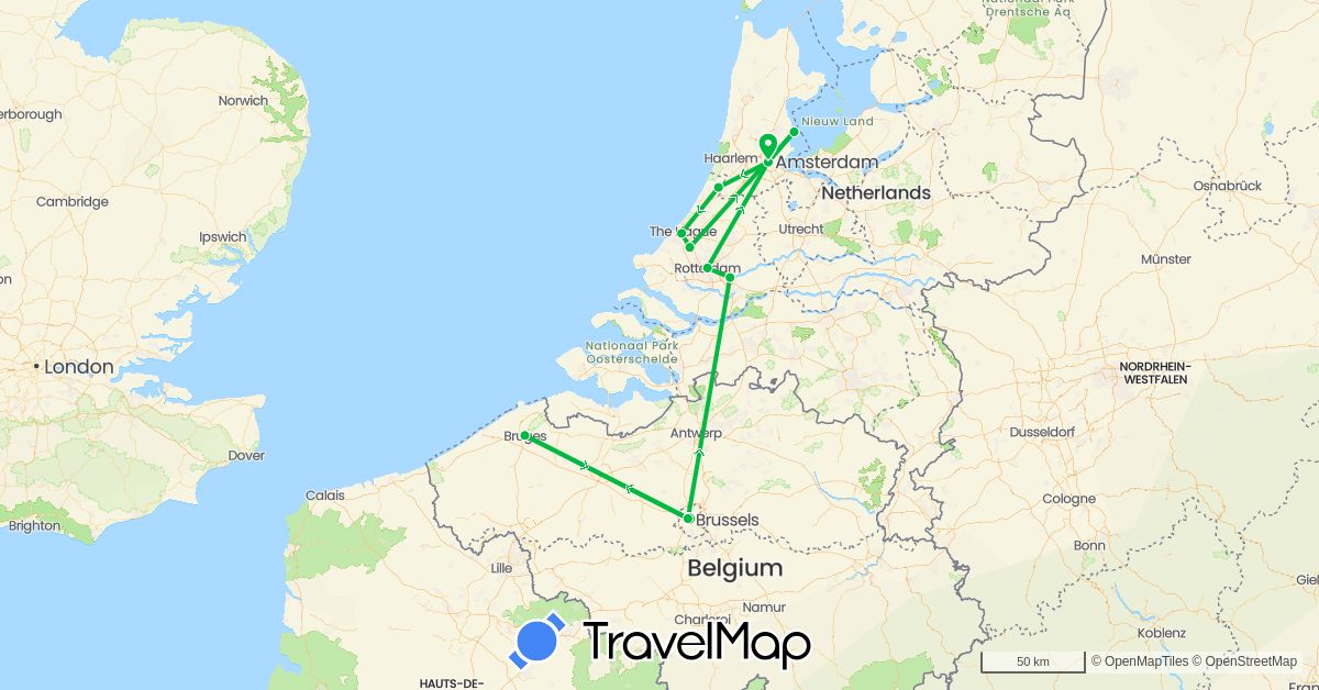 TravelMap itinerary: driving, bus in Belgium, Netherlands (Europe)