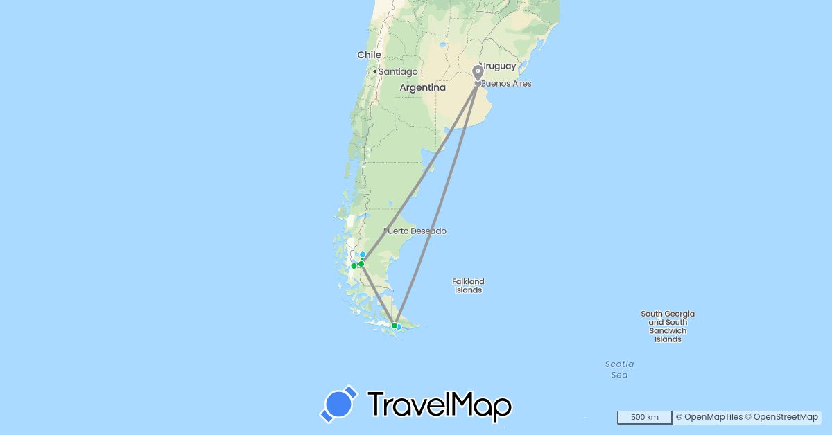 TravelMap itinerary: driving, bus, plane, boat in Argentina (South America)