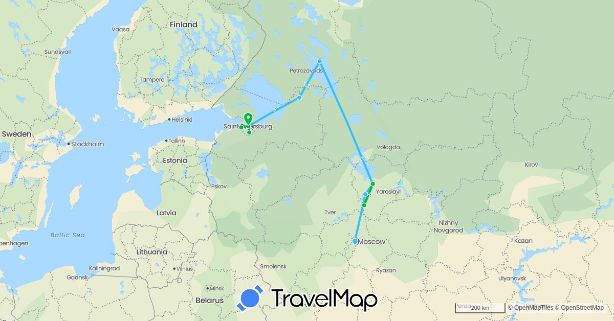 TravelMap itinerary: driving, bus, boat in Russia (Europe)