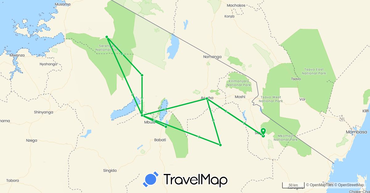 TravelMap itinerary: driving, bus in Tanzania (Africa)