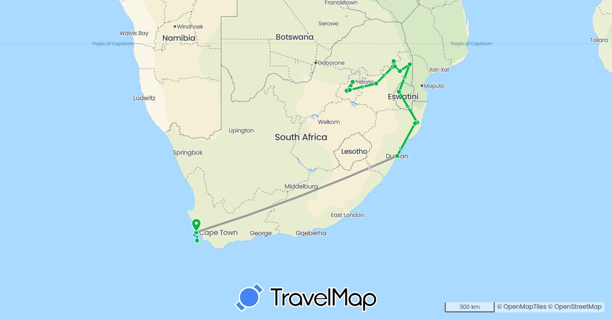 TravelMap itinerary: driving, bus, plane, boat in Swaziland, South Africa (Africa)