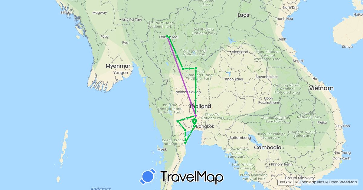 TravelMap itinerary: driving, bus, train in Thailand (Asia)