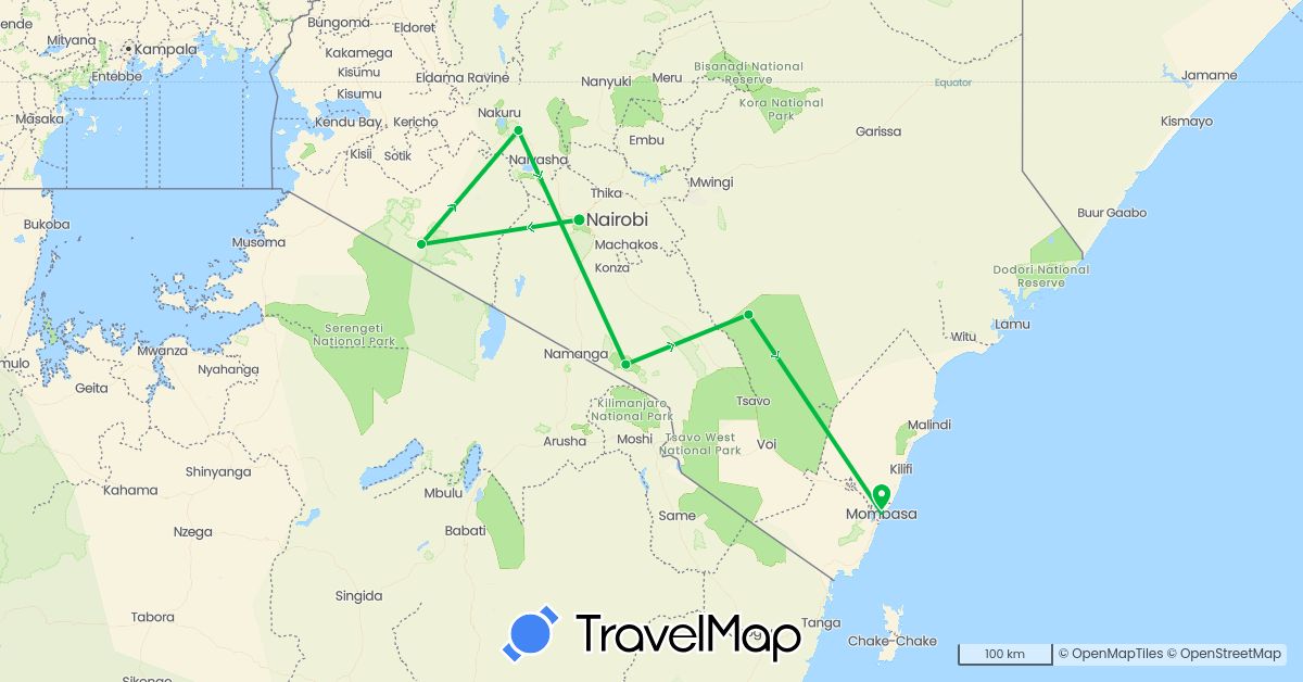 TravelMap itinerary: driving, bus in Kenya (Africa)