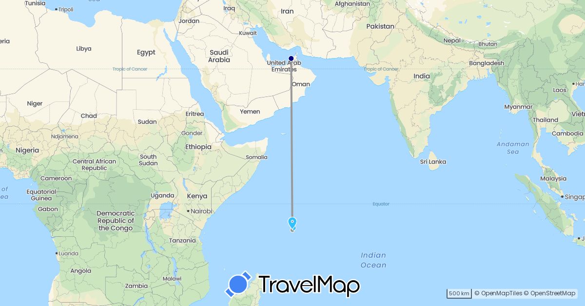 TravelMap itinerary: driving, plane, boat in United Arab Emirates, Seychelles (Africa, Asia)