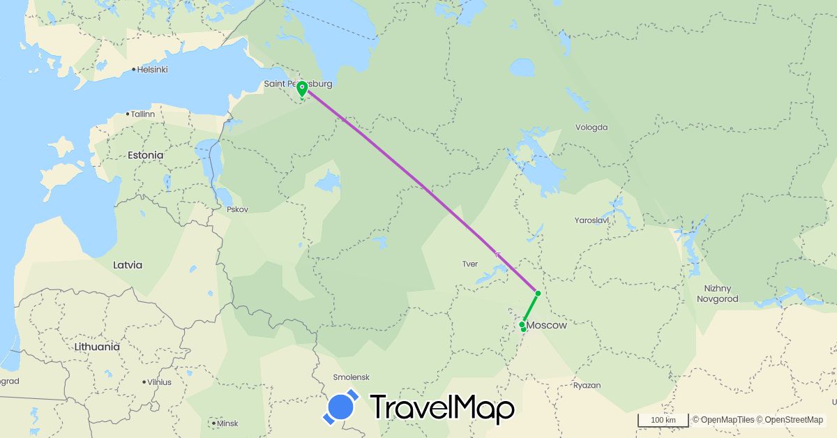 TravelMap itinerary: driving, bus, train in Russia (Europe)