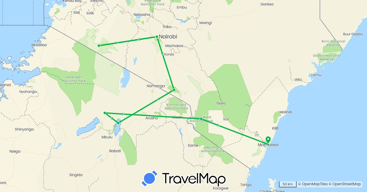 TravelMap itinerary: driving, bus in Kenya, Tanzania (Africa)