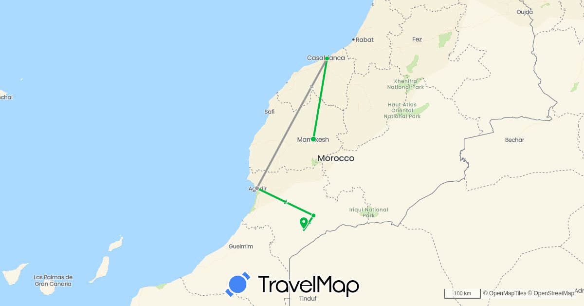 TravelMap itinerary: driving, bus, plane in Morocco (Africa)