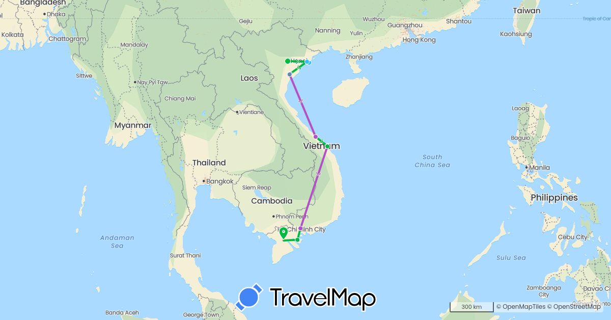 TravelMap itinerary: driving, bus, cycling, train, boat in Vietnam (Asia)