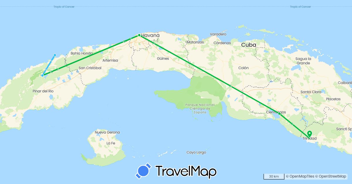 TravelMap itinerary: driving, bus, boat in Cuba (North America)