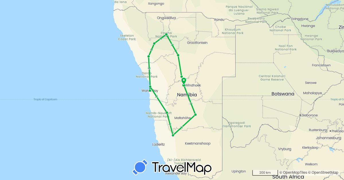 TravelMap itinerary: driving, bus in Namibia (Africa)